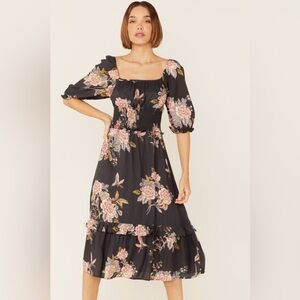 Angie Dress Midi Rayon Women Size Large Gray Flowers  Size Large Beach Sundress